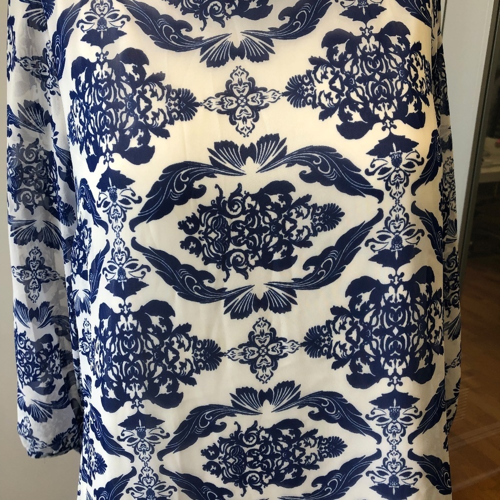 Brigitte Bailey Blue White Damask Print Shift Dress Size Small Grandmillennial - Picture 3 of 4
